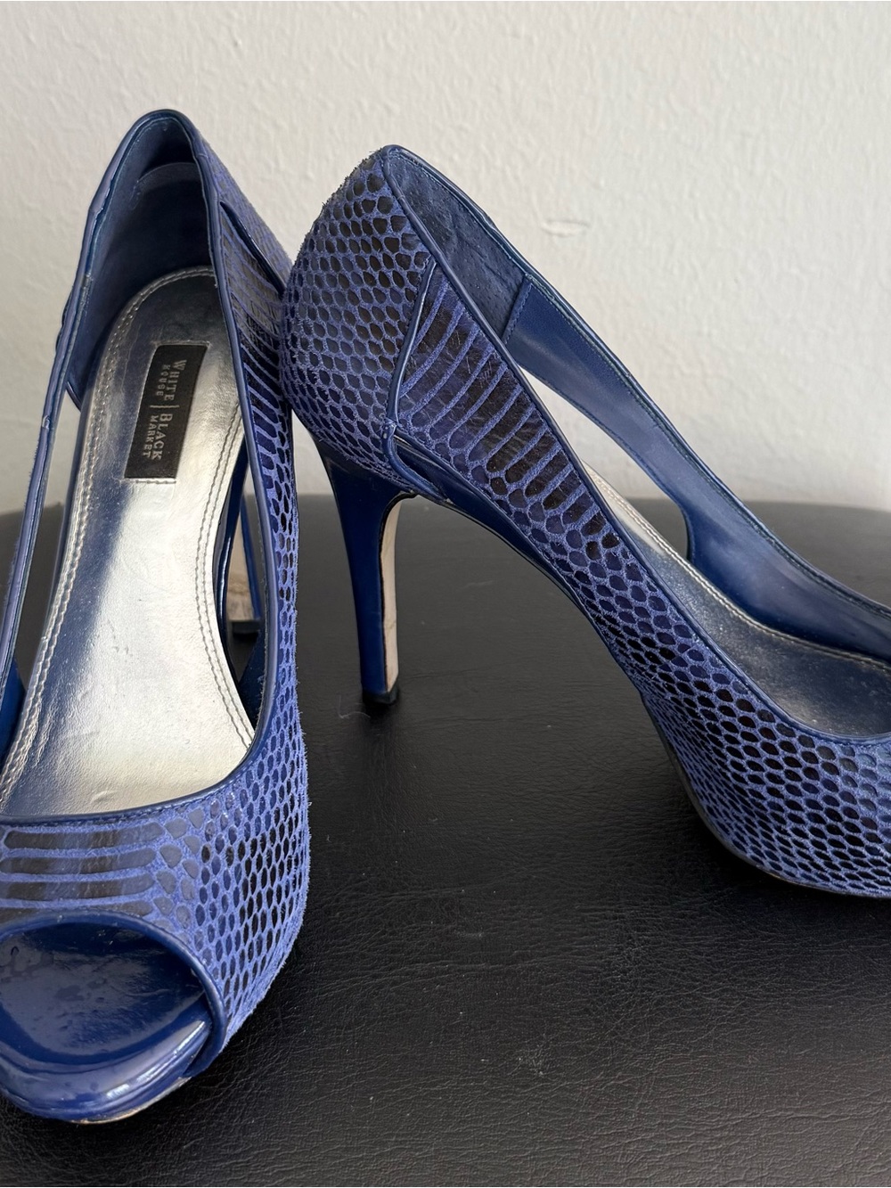 Blue Snake-Print Peep-Toe High Heels - sexy side cutouts